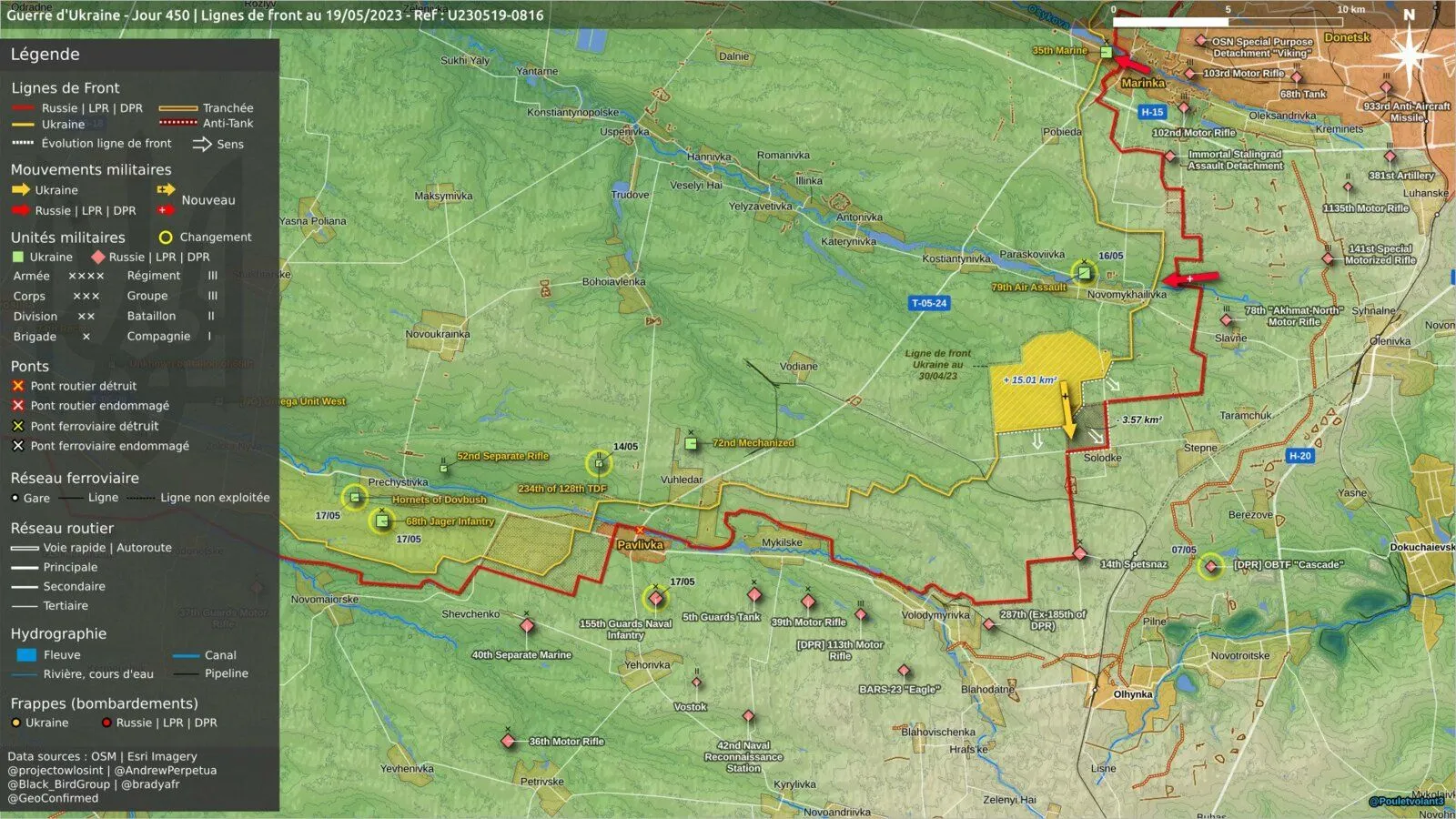 Carte du front entre Vouhledar et Marïnka au 19 mai 2023