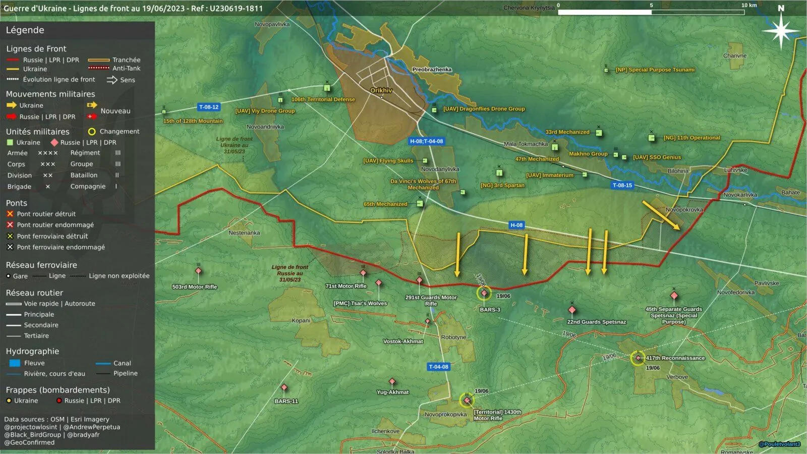 Carte du front au sud d’Orikhiv le 19 juin, poussées ukrainiennes vers Robotyne