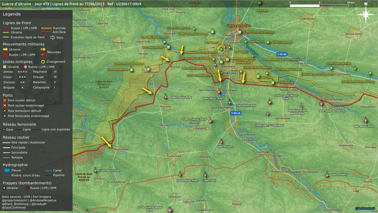 Carte du front de Velyka Novossilka, poussées vers Makarivka et Ourojaïné