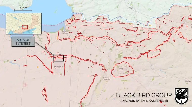Carte des lignes de fortifications russes entre Vassylivka, Mykhaïlivka et Tokmak