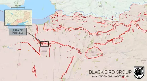 Carte des lignes de fortifications russes entre Vassylivka, Mykhaïlivka et Tokmak