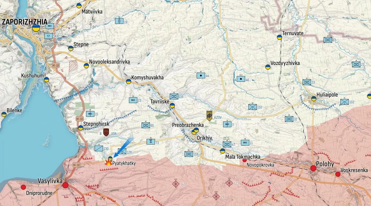 L’Ukraine poursuit la contre-attaque en direction de Tokmak (et donc de Melitopol). C’est la partie la plus fortifiée de tout le front, avec environ deux lignes défensives principales et plusieurs couches secondaires de défense. Les troupes ukrainiennes s’approchent désormais de la ville de Robotyne.