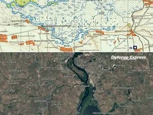 Le Dniepr sur une carte allemande de 1943 et en vue satellite actuelle