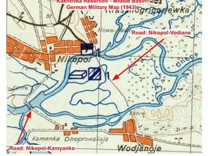 Carte allemande de 1943 : deux traversées routières du Dniepr depuis Nikopol