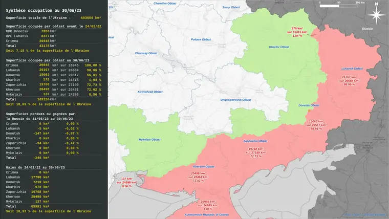 Synthèse de l'occupation russe au 30 juin 2023, chiffres par oblast et carte