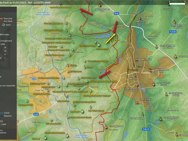 Carte du front autour de Bakhmout au 1er juillet 2023
