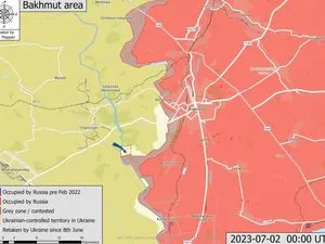 Carte du secteur de Bakhmout au 2 juillet, zones reprises depuis le 8 juin