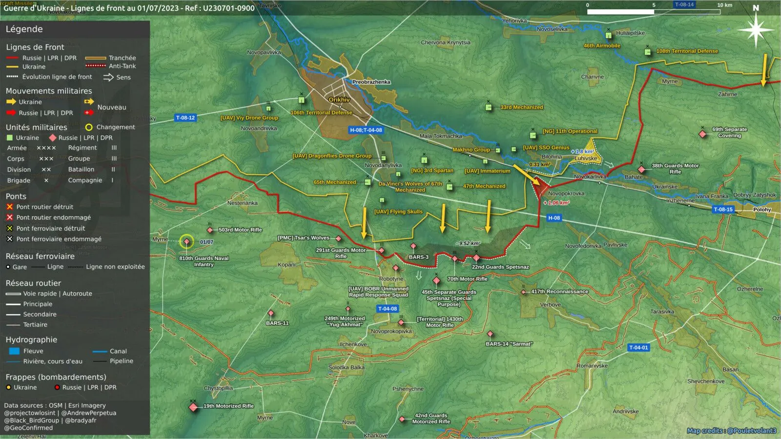 Carte du front au sud d’Orikhiv au 1er juillet, poussées vers Robotyne