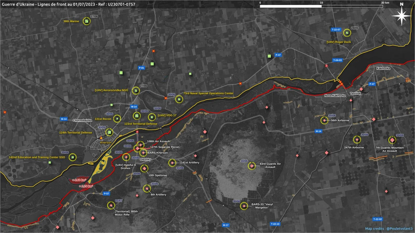 Carte du Dniepr de Kherson à Nova Kakhovka, gains ukrainiens sur la rive gauche