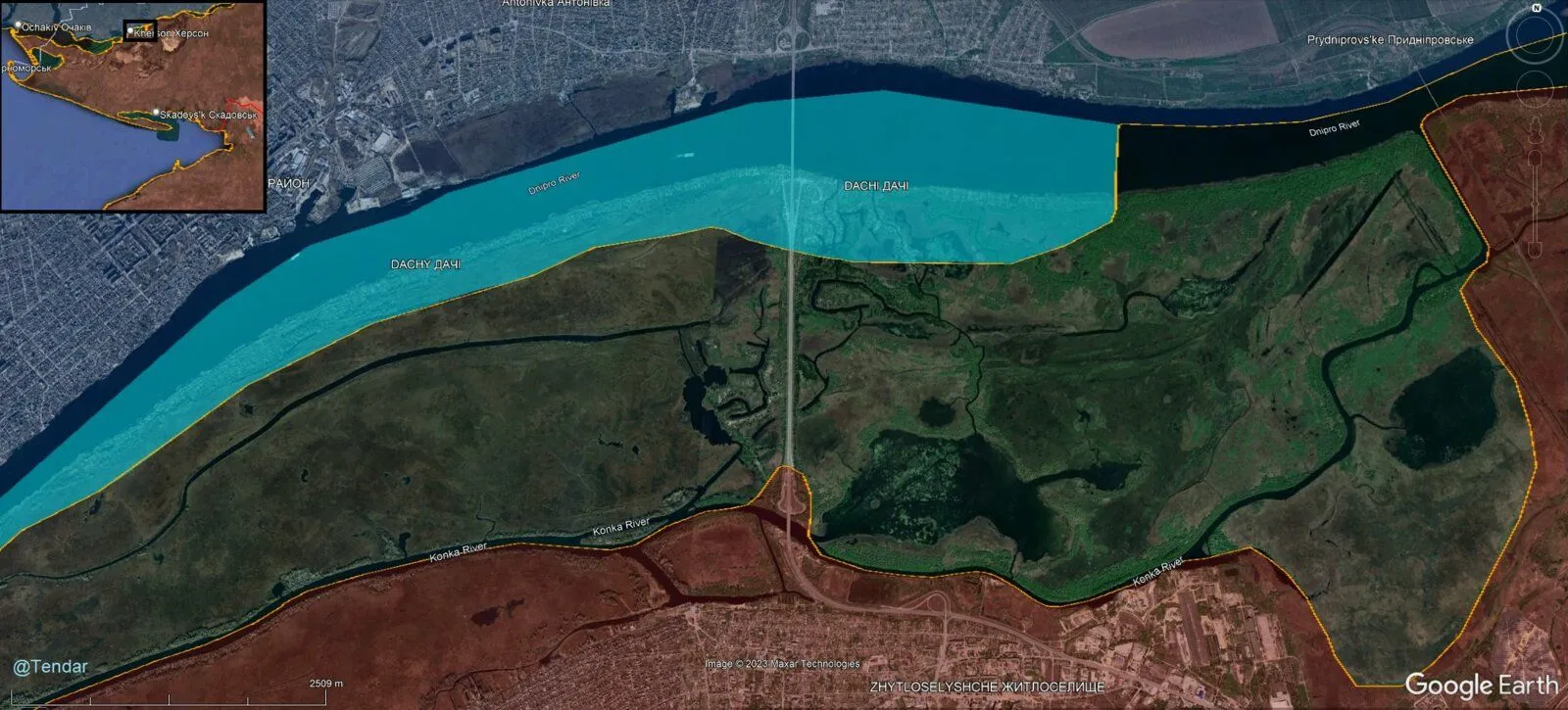 Vue satellite de la rive gauche du Dniepr face à Kherson, secteur des datchas