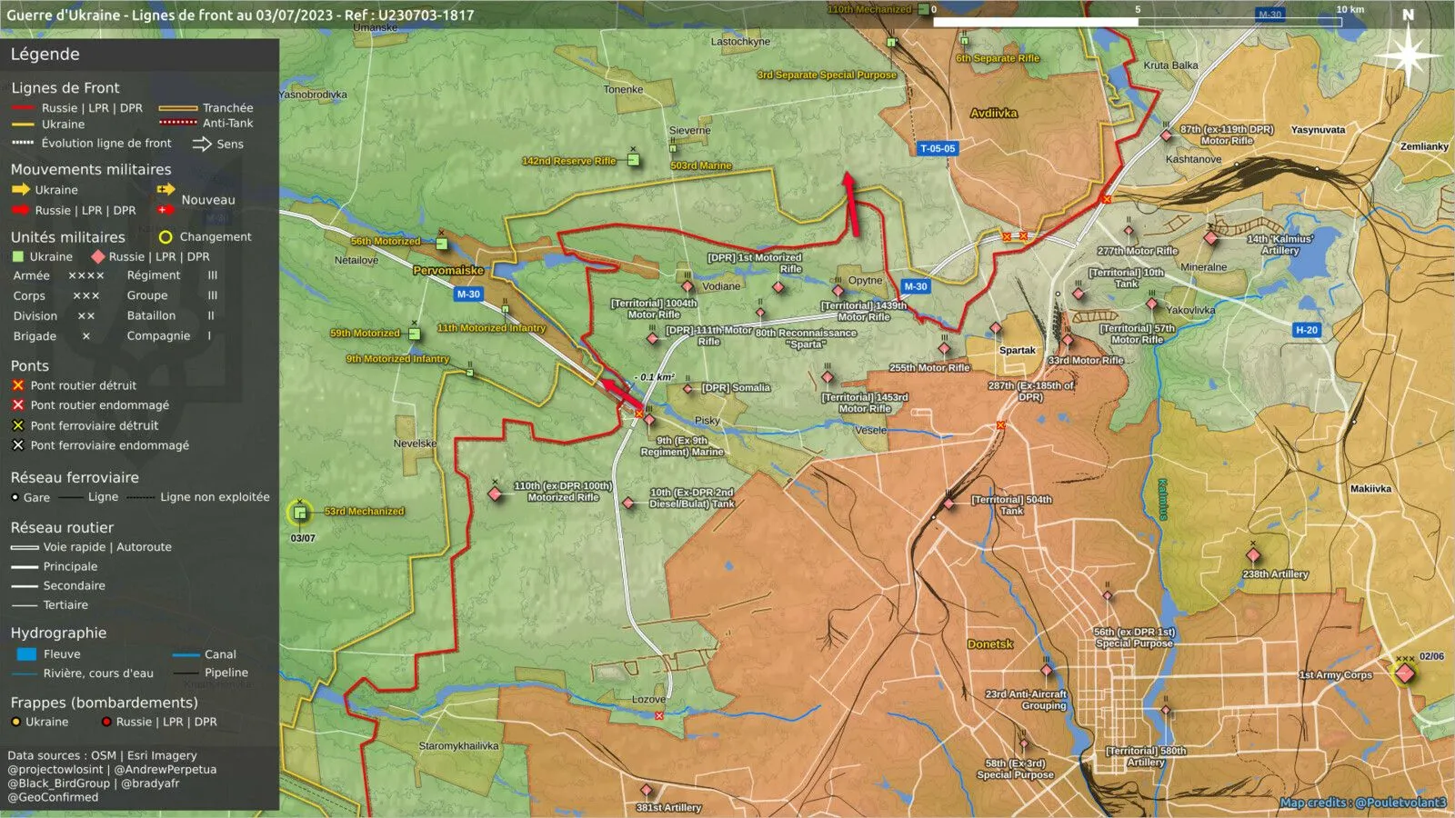 Carte du front d’Avdiivka à Donetsk au 3 juillet 2023