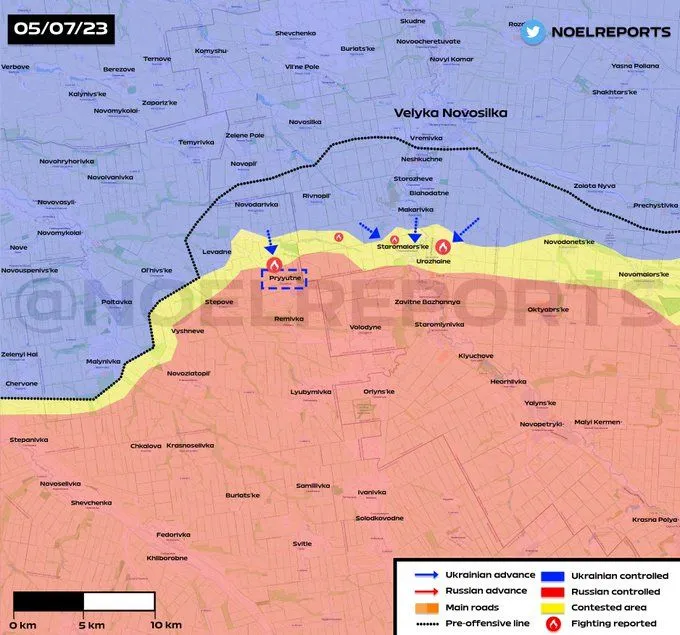 Carte du secteur de Velyka Novossilka au 5 juillet, Priioutné encadré