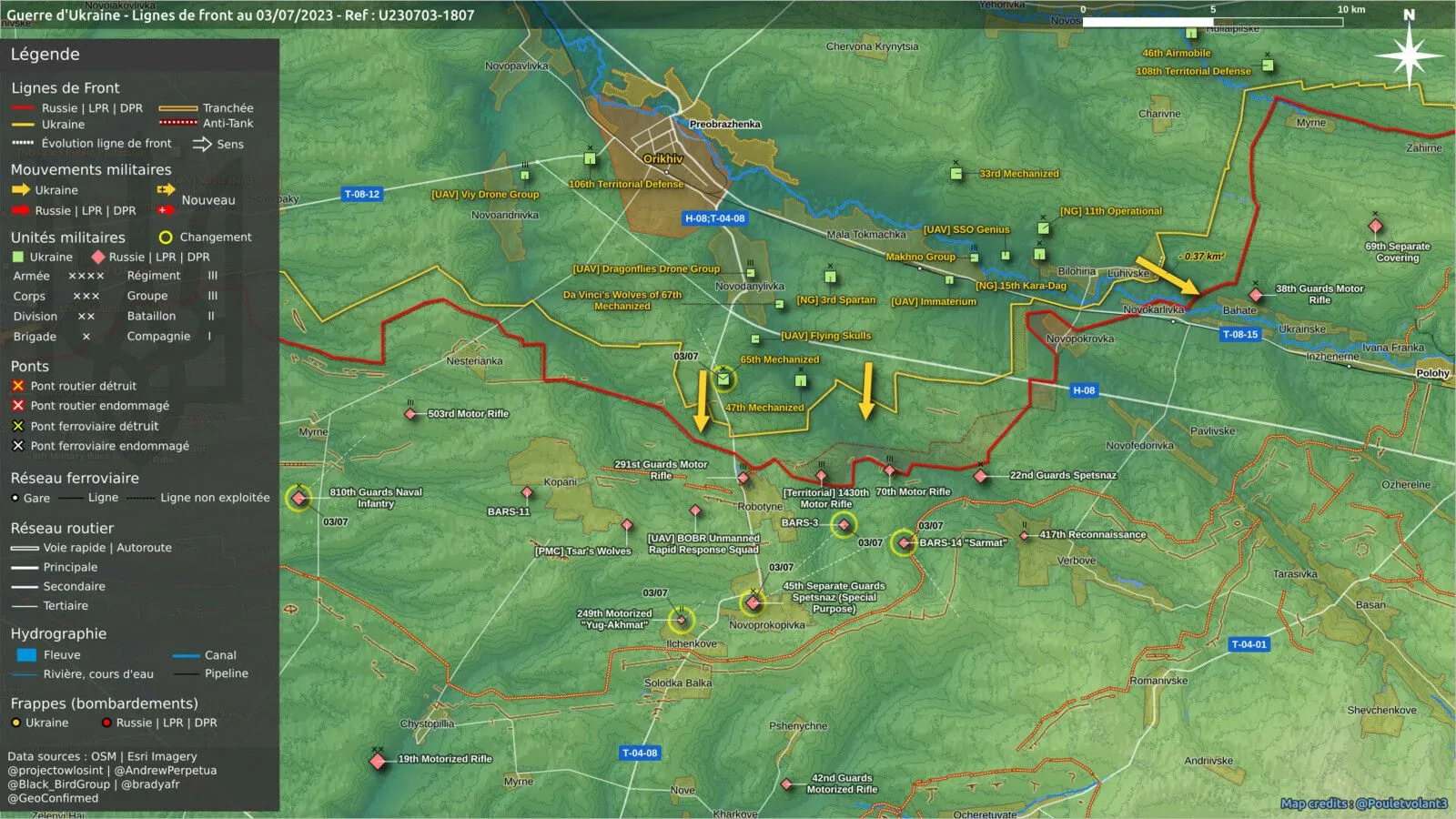 Carte du front au sud d’Orikhiv au 3 juillet 2023