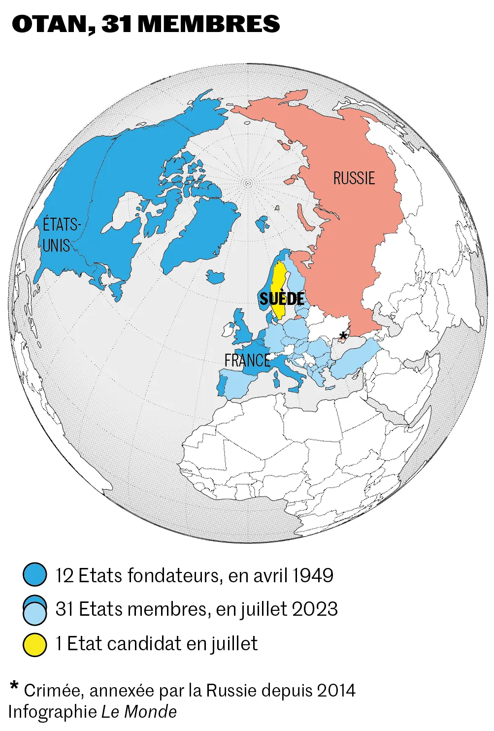 Planisphère des 31 pays membres de l’OTAN, la Suède signalée comme seul État candidat