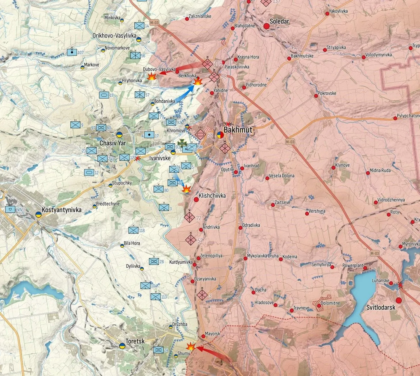- Bakhmout: Les forces ukrainiennes sont entrées dans la colonie de Berkhivka et l’ont en partie nettoyée. Les troupes russes ont ensuite contre-attaqué et poussé les défenseurs vers la périphérie ouest. L’artillerie russe a bombardé ses positions précédentes à l’ouest de Klishchiivka, montrant une nouvelle avancée ukrainienne dans la région. Il est probable que les forces ukrainiennes contrôlent la plupart des positions fortifiées surplombant la ville. Attaques russes repoussées sur Dubovo-Vasylivka, Hryhorivka, Pivnichne. L’armée russe a bombardé Vasukivka, Bohdanivka, Khromove, Chasiv Yar, Ivanivske, Oleksandro-Shultyne et Pivdenne. L’aviation russe a mené des frappes aériennes à Druzhba et Toretsk