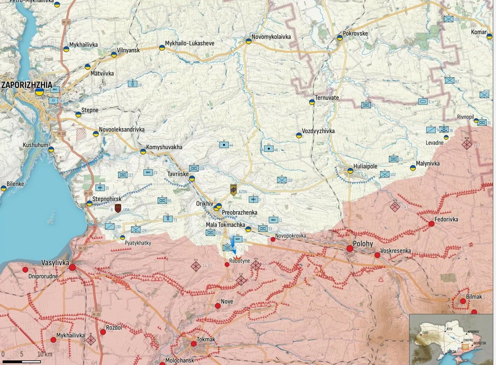 Carte du front de Zaporijjia entre Orikhiv, Robotyne et Tokmak, zones occupées en rouge