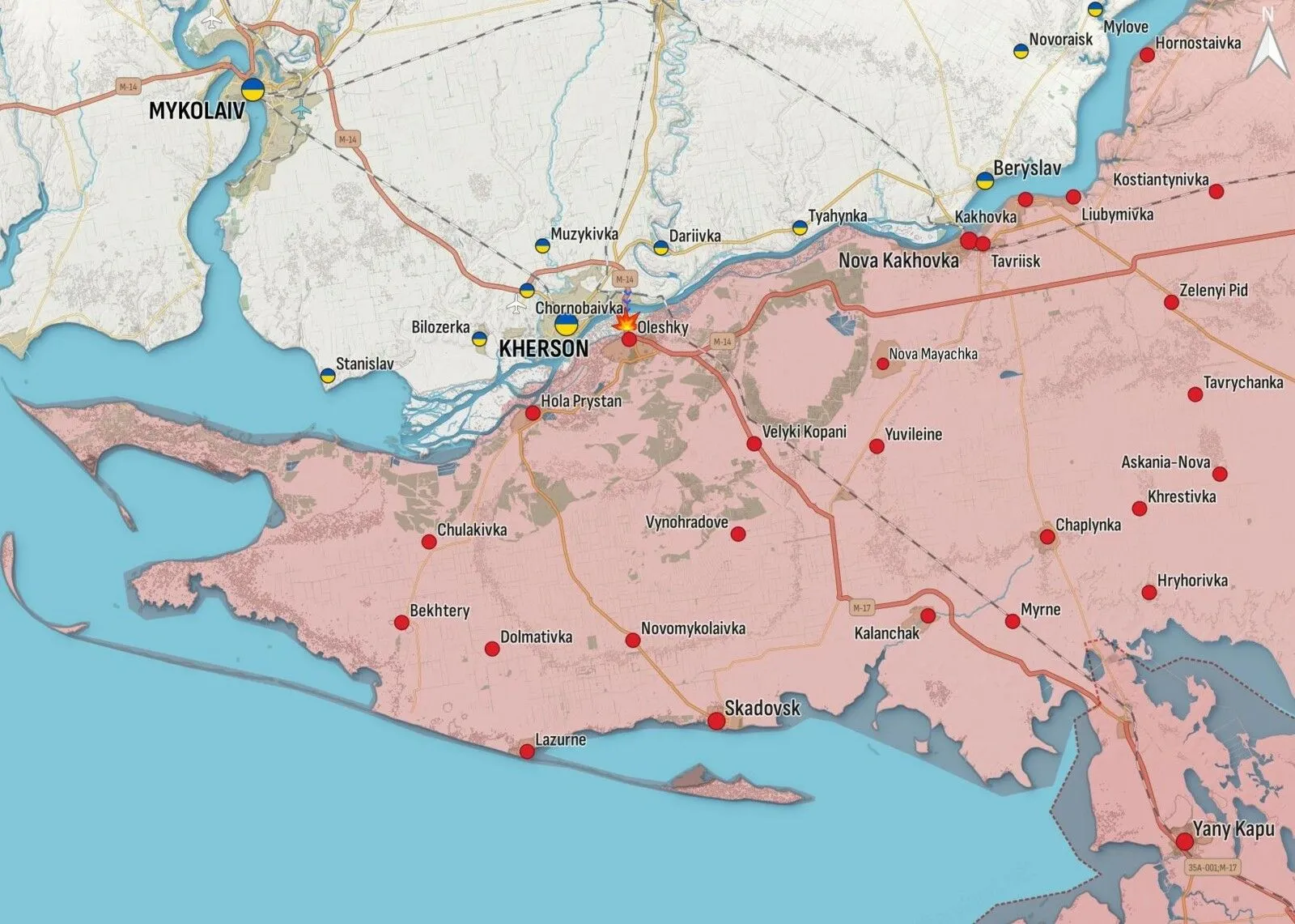 - Kherson: Des explosions ont été signalées tôt ce matin à Novooleksiivka de la région de Kherson. l’armée russe a bombardé;Beryslav, Kozatske, Lvove, Antonivka, Inzhenerne, Dniprovske et Kherson. L’armée russe a bombardé Sofiivka de la région de Kherson avec MLRS GRAD, 1 personne tuée, une autre blessée - Mikolaiv : Le système FIRMS a enregistré hier soir un certain nombre d’anomalies thermiques importantes sur la Base aérienne de Nikolaïev-Koulbakino. Selon les informations préliminaires, l’installation a été touchée par des missiles Iskander.