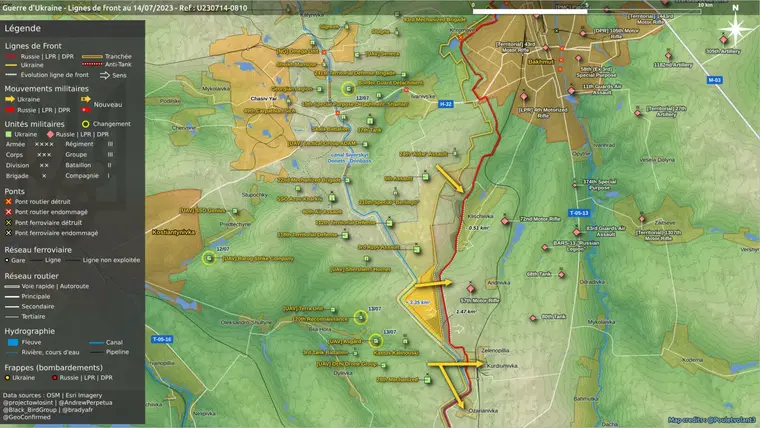 Carte du front de Bakhmout au 14 juillet 2023, avancées ukrainiennes vers Klichtchiivka