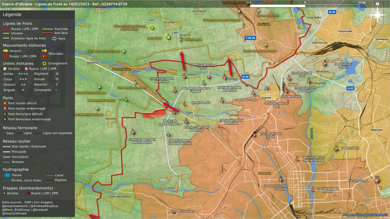 Carte du front d’Avdiivka et du nord de Donetsk, poussées russes vers Pervomaïske