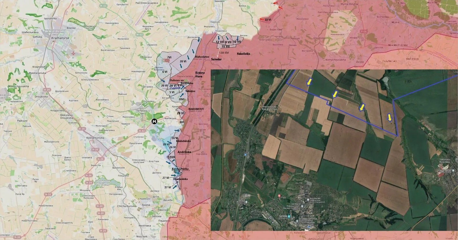 Carte des avancées ukrainiennes datées autour de Bakhmout et vue satellite du nord de Soledar