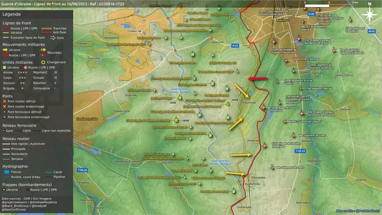 Carte du front de Bakhmout au 16 août 2023, poussées ukrainiennes vers Klichtchiivka et Andriivka