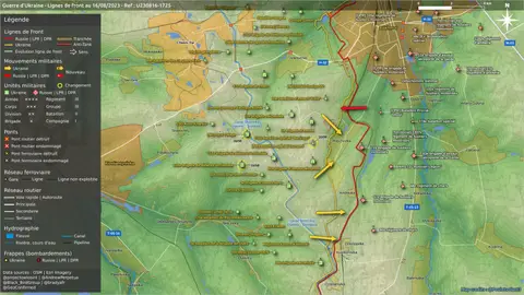 Carte du front de Bakhmout au 16 août 2023, poussées ukrainiennes vers Klichtchiivka et Andriivka