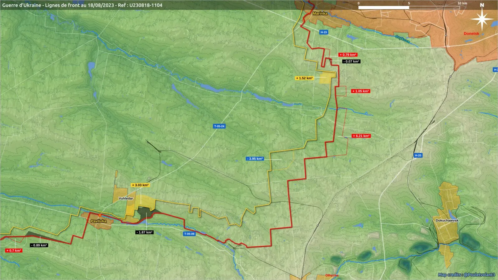 Carte des gains et pertes de terrain entre Marïnka et Vouhledar, chiffrés en kilomètres carrés