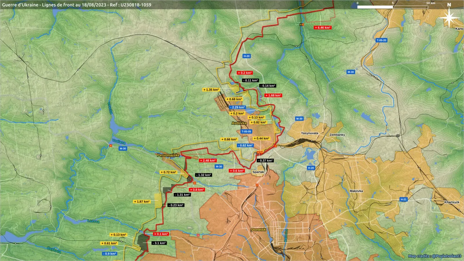 Carte du bilan territorial autour d’Avdiivka et Pervomaïske, gains chiffrés des deux camps