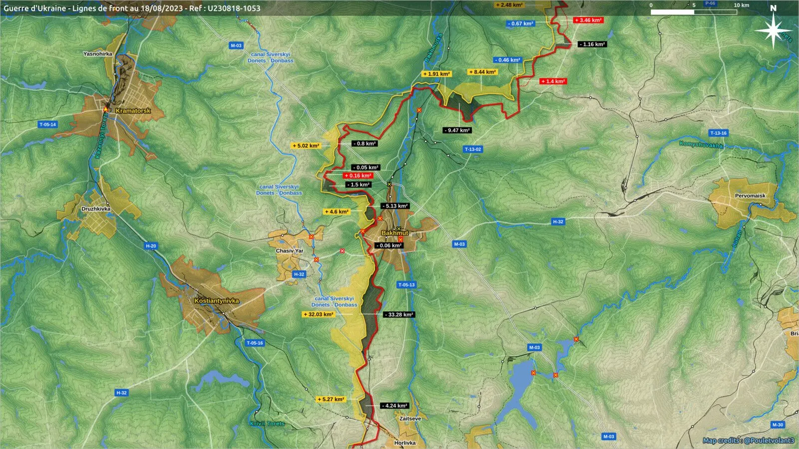 Carte du secteur de Bakhmout, 32 km² repris par l’Ukraine au sud de la ville