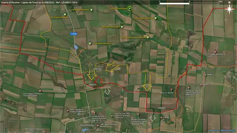 Vue satellite du front autour de Robotyne au 21 août 2023, avancées ukrainiennes fléchées
