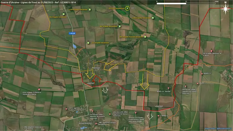 Vue satellite du front autour de Robotyne au 21 août 2023, avancées ukrainiennes fléchées