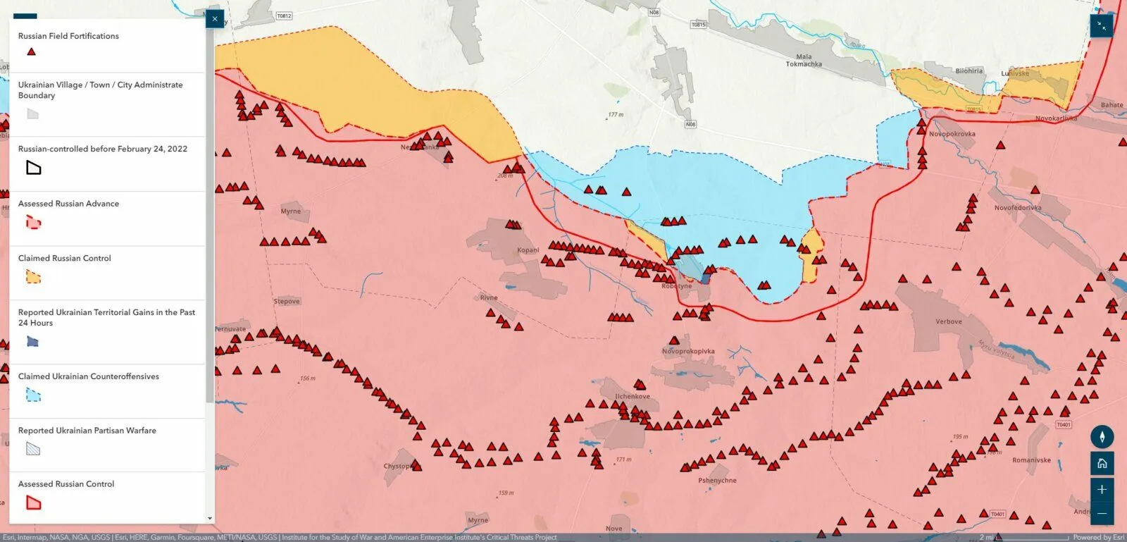 Carte ISW autour de Robotyne, fortifications de campagne russes en triangles rouges
