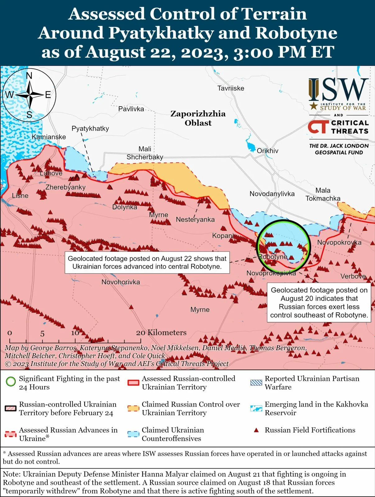 Carte ISW du contrôle du terrain entre Pyatykhatky et Robotyne au 22 août 2023