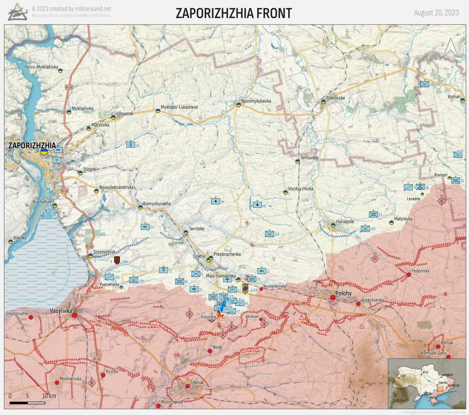 Carte du front de Zaporijjia au 20 août 2023, unités ukrainiennes et russes déployées