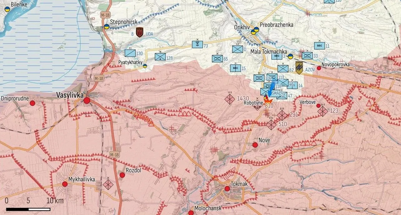 Zoom sur les lignes de fortifications russes entre Robotyne, Vasylivka et Tokmak