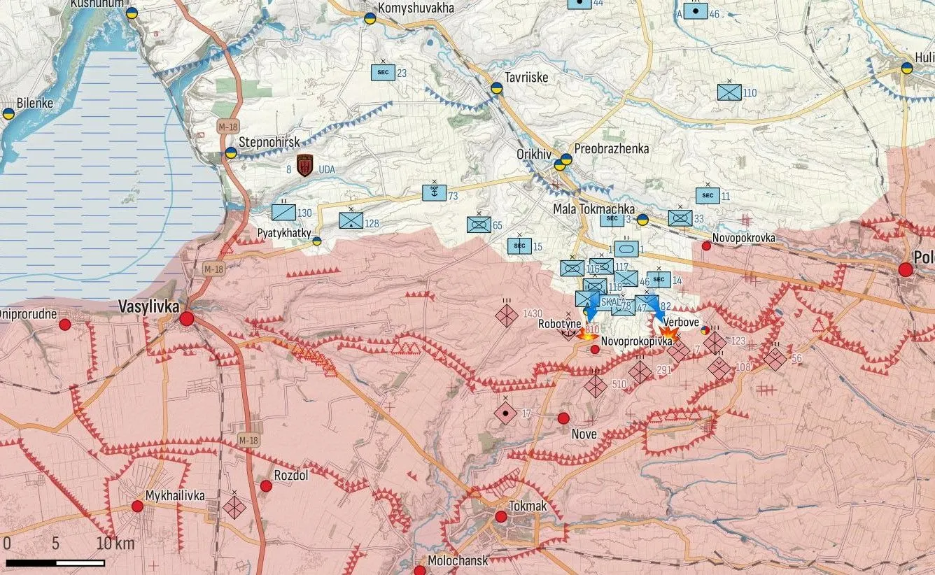 Carte du front de Robotyne à Verbove, entre Orikhiv et Tokmak