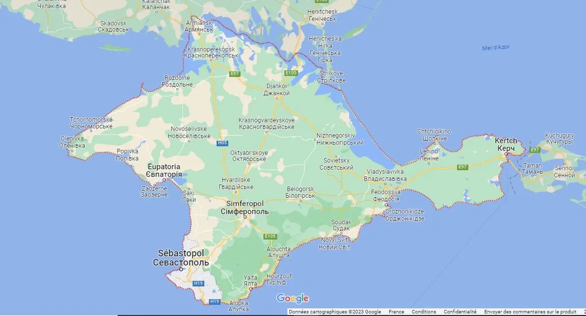 Carte de la péninsule de Crimée, de Sébastopol au détroit de Kertch