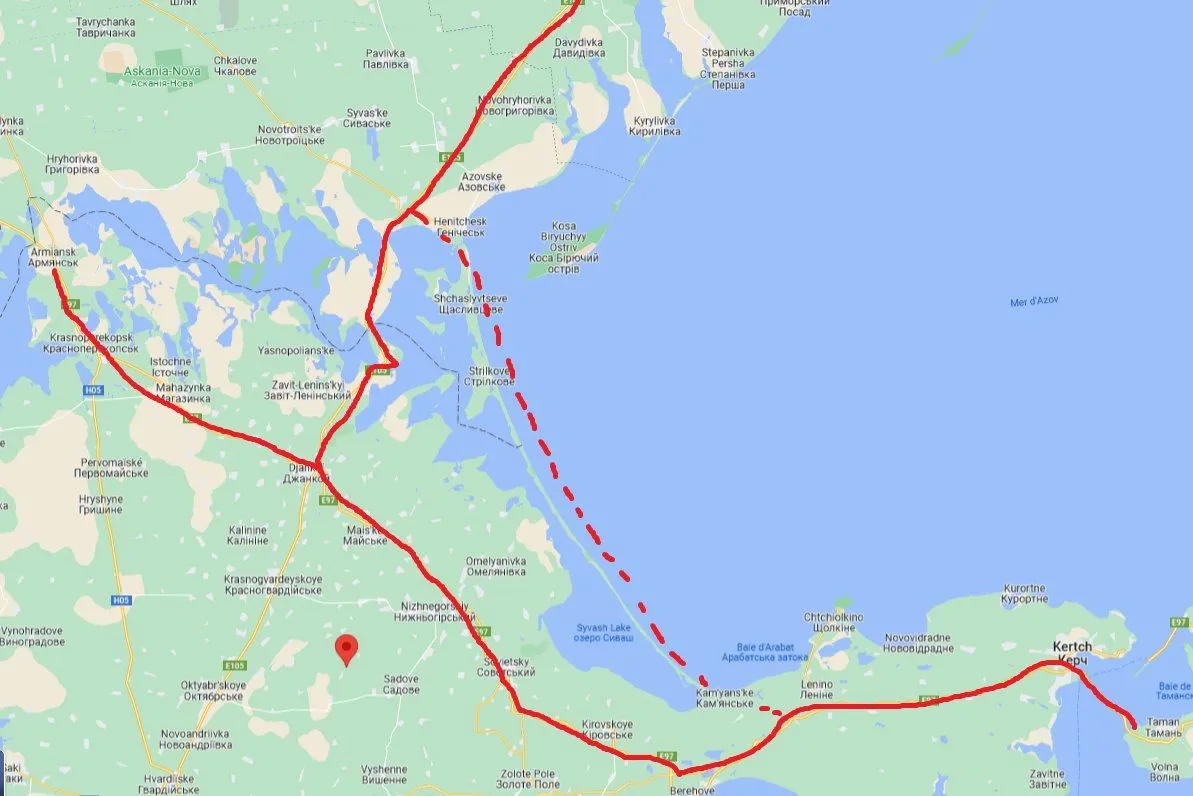 Carte des voies d’accès à la Crimée, d’Armiansk et Henitchesk au pont de Kertch
