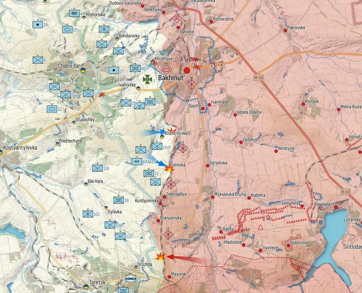 Carte du front autour de Bakhmout, positions ukrainiennes à Klichtchiivka et Andriivka