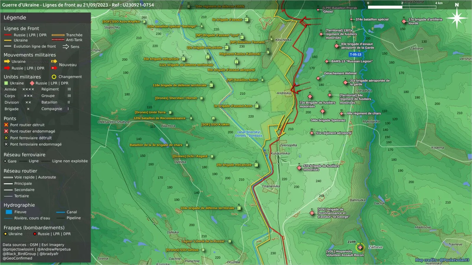 Carte topographique du front de Klichtchiivka à Kourdioumivka avec les unités engagées