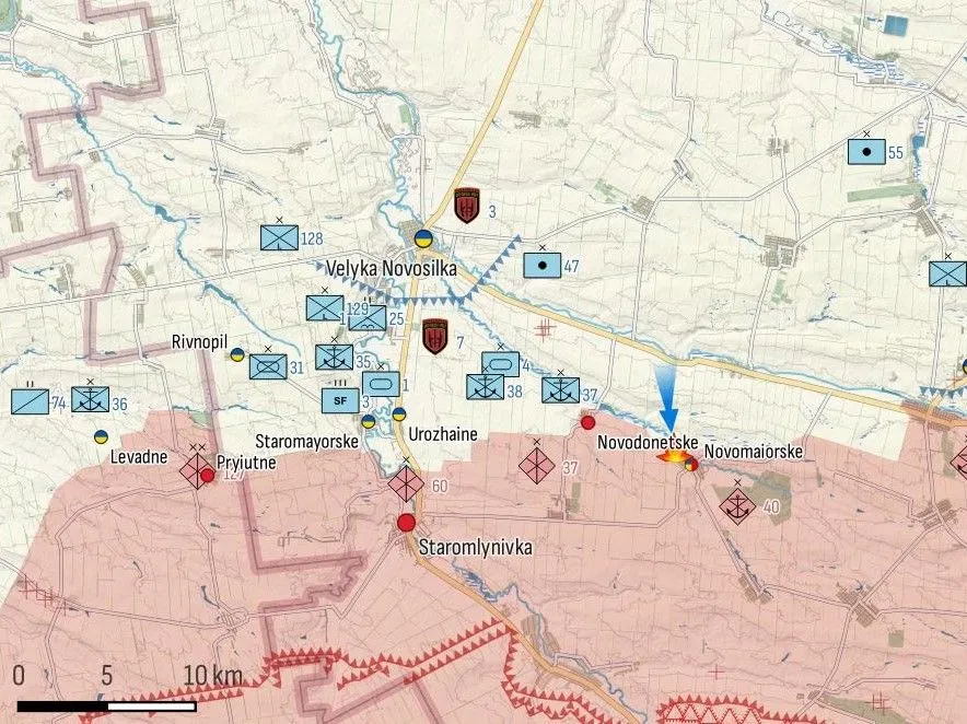 Carte du secteur de Velyka Novosilka et de la poussée vers Novodonetske