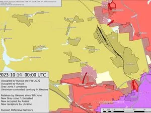Carte du secteur d’Adviivka au 14 octobre 2023, zones grises et défenses russes