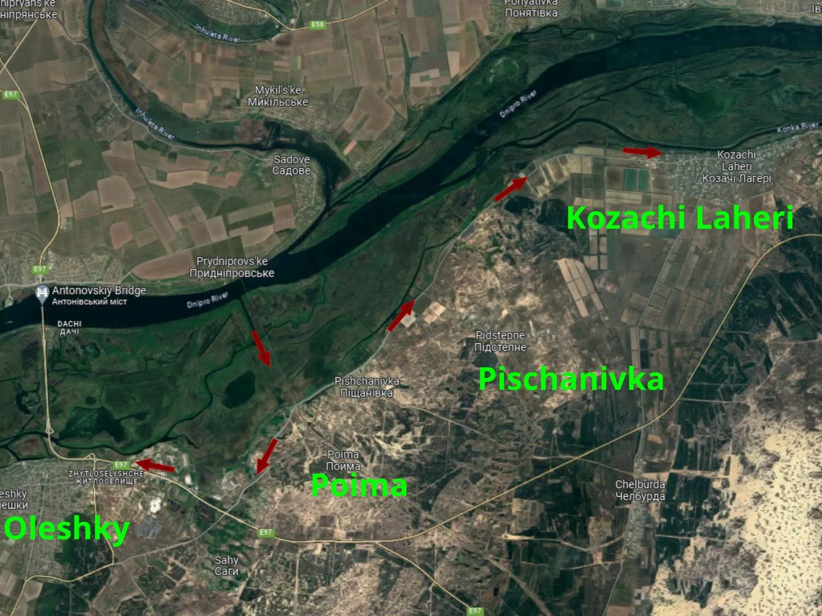 Vue satellite du Dnipro d’Oleshky à Kozachi Laheri, flèches des poussées ukrainiennes