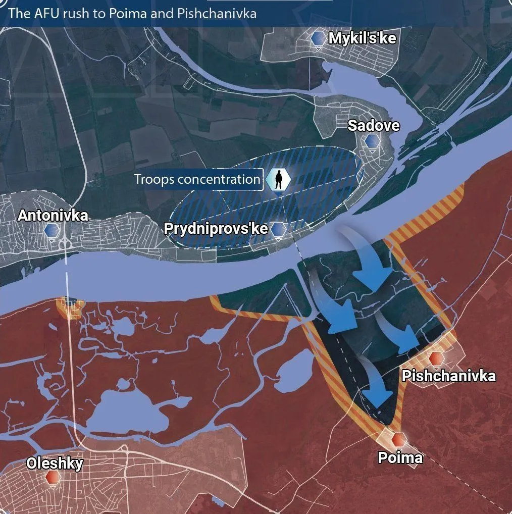Carte des traversées ukrainiennes de Prydniprovske vers Poima et Pischanivka