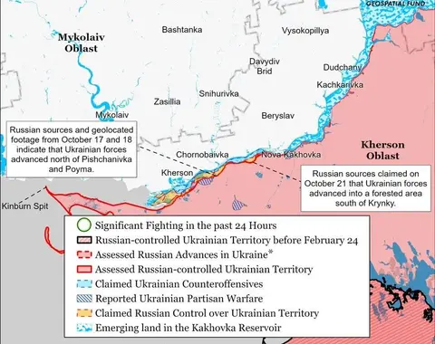 Carte ISW de l’oblast de Kherson et des avancées ukrainiennes sur la rive gauche