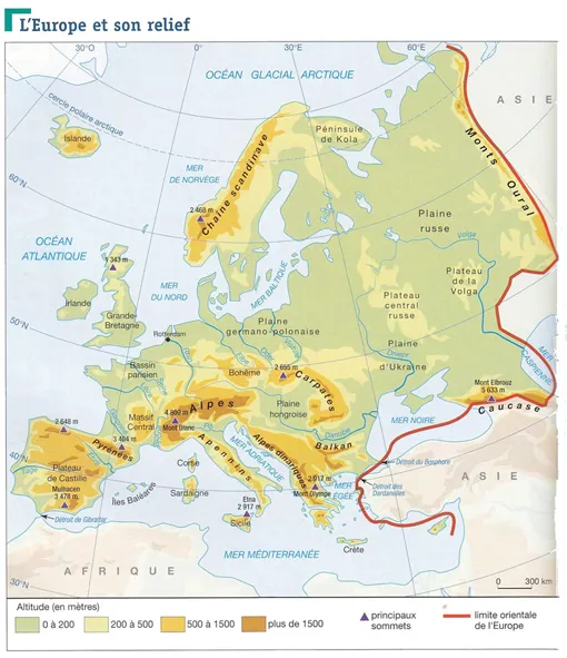 Carte du relief de l’Europe, limite orientale du continent tracée en rouge à l’Oural et au Caucase