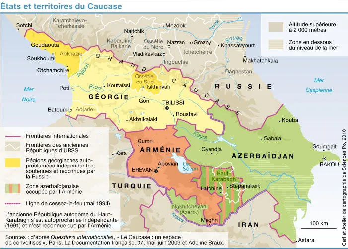 Carte du Caucase : Géorgie, Arménie, Azerbaïdjan, avec Abkhazie, Ossétie du Sud et Haut-Karabagh