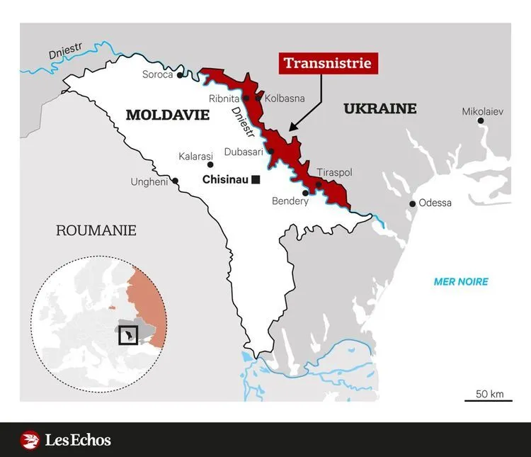 Carte de la Moldavie : la Transnistrie en rouge le long du Dniestr, jusqu’à la frontière ukrainienne