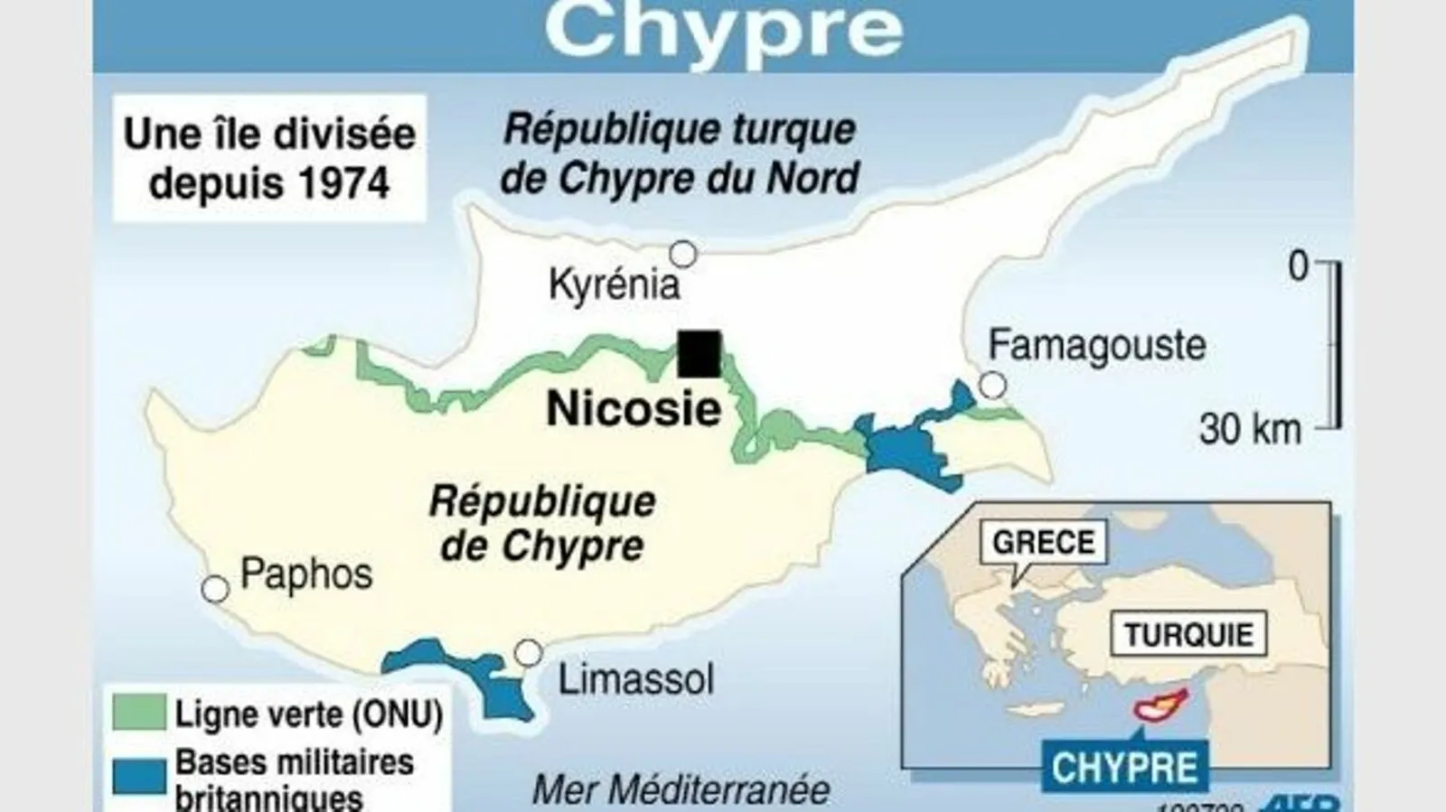 Carte de Chypre divisée depuis 1974 : ligne verte de l’ONU et République turque du Nord