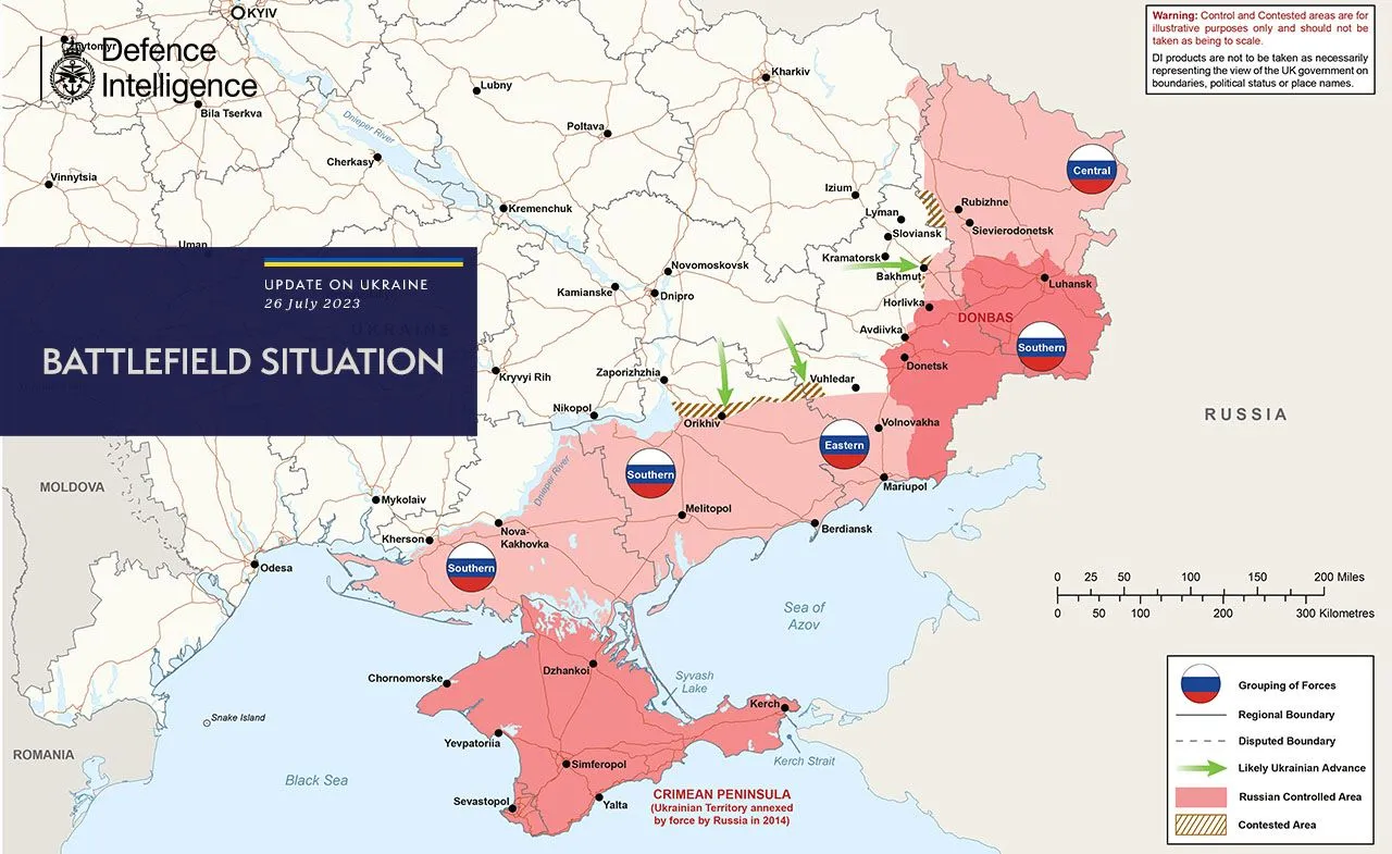 Carte du renseignement britannique : territoires ukrainiens contrôlés par la Russie en juillet 2023